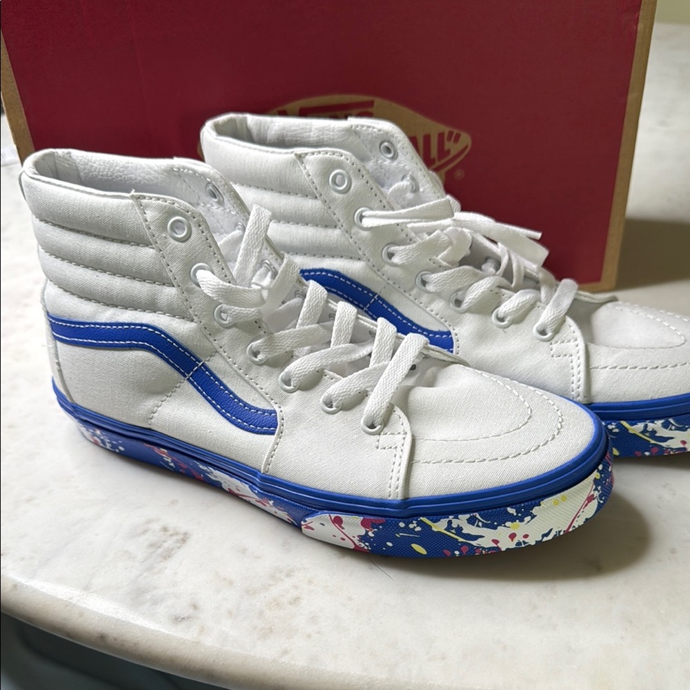 Vans White and Blue High-Top Sneakers with Signature Style